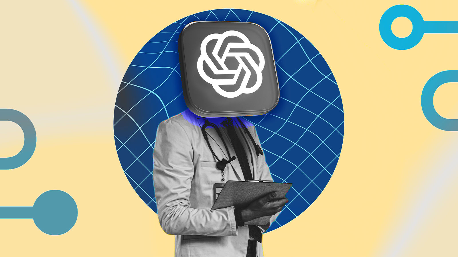 Ilustração de um médico com o logotipo do ChatGPT, tema da discussão sobre inteligência artificial e diagnóstico médico.