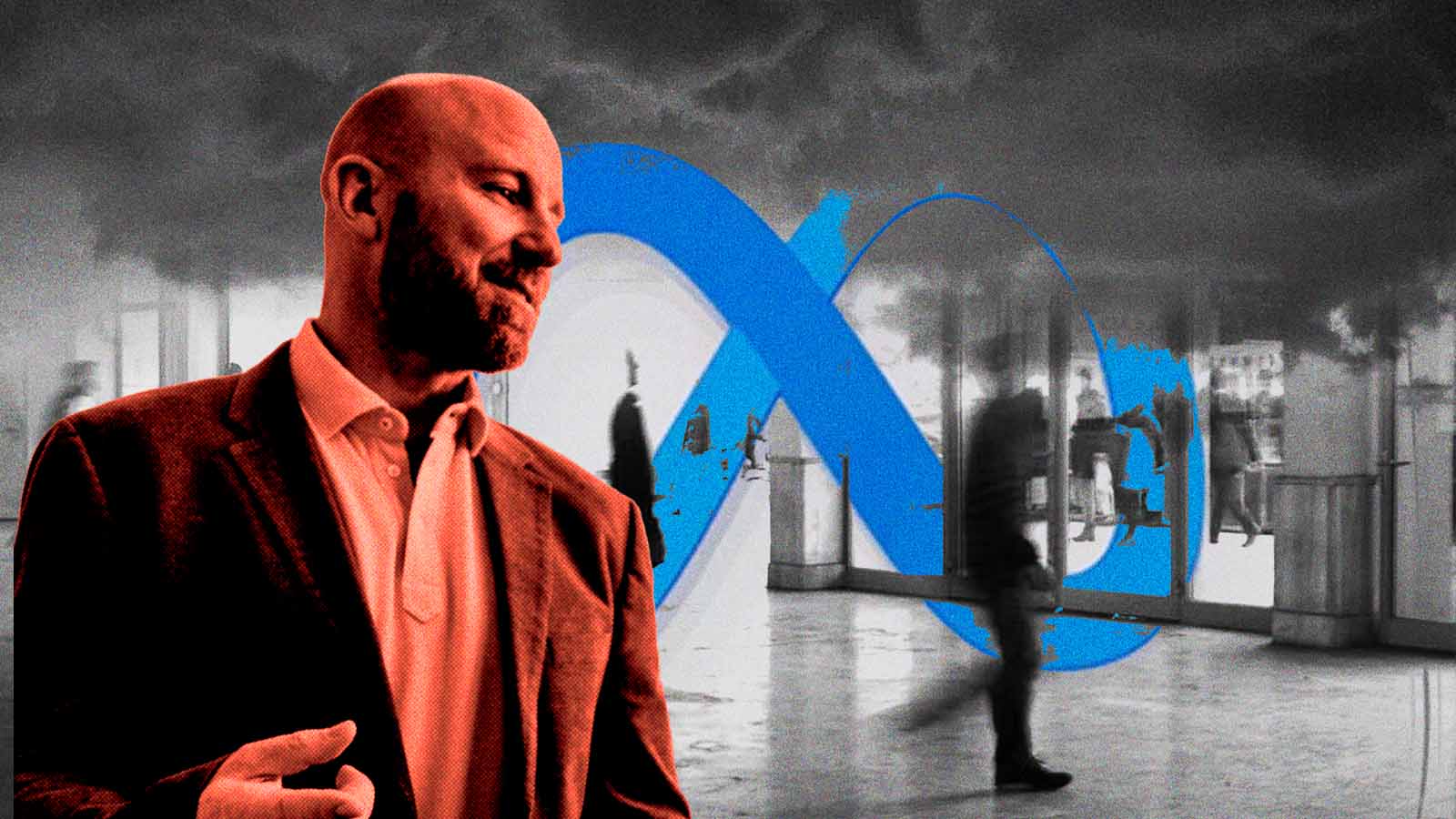 Andrew Bosworth, CTO da Meta, em primeiro plano, com o logotipo da empresa e funcionários ao fundo, ilustrando a crise de moral após demissões e reestruturações para IA.