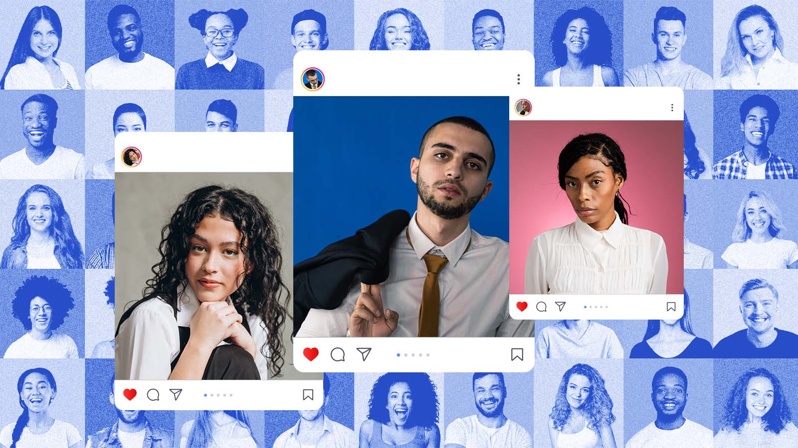Montagem com perfis de profissionais em cards semelhantes a posts do Instagram sobre fundo azul com rostos em destaque