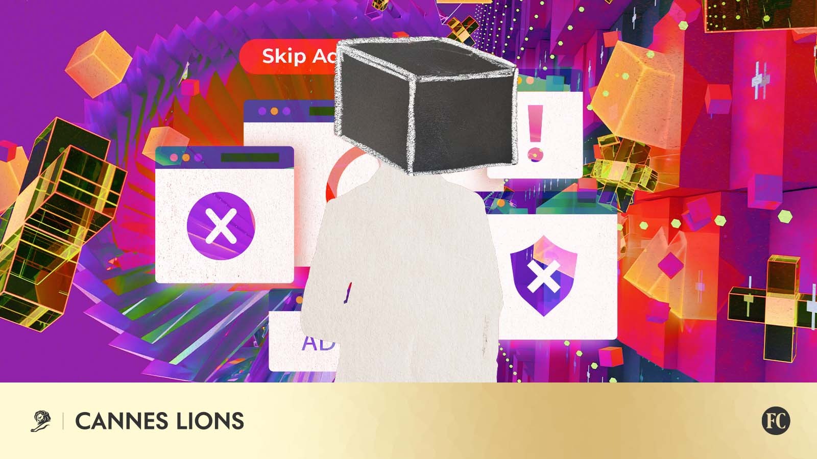Ilustração representa o excesso de publicidade no ambiente digital, com anúncios, bloqueio de ads e uma pessoa observando o cenário. A imagem acompanha artigo sobre autenticidade de marca no Cannes Lions 2026.
