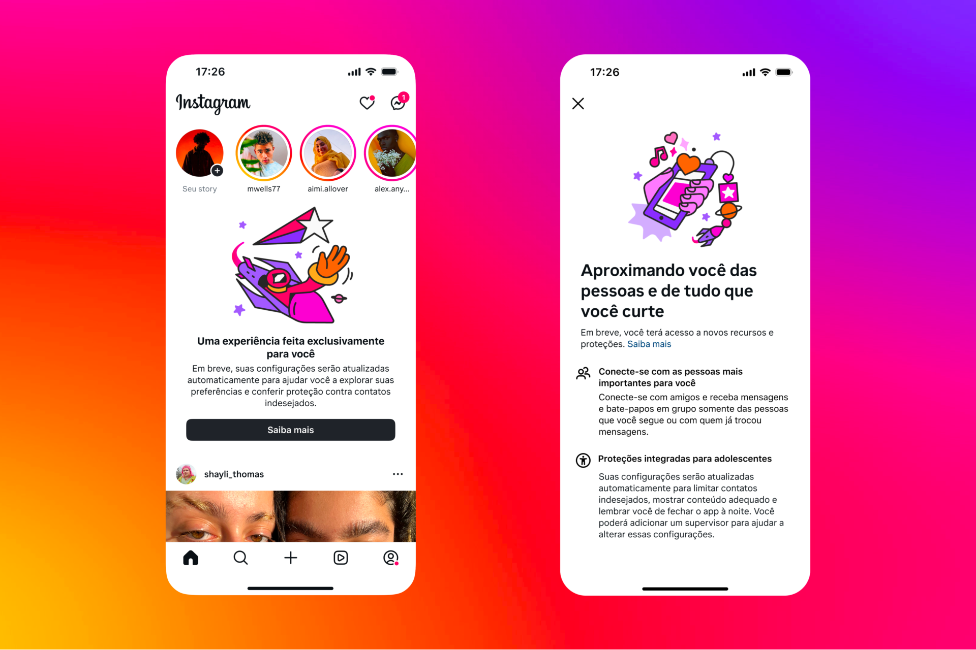 Telas do Instagram apresentam as contas para adolescentes, com novos recursos de prote&ccedil;&atilde;o, supervis&atilde;o parental e limita&ccedil;&atilde;o de contatos.