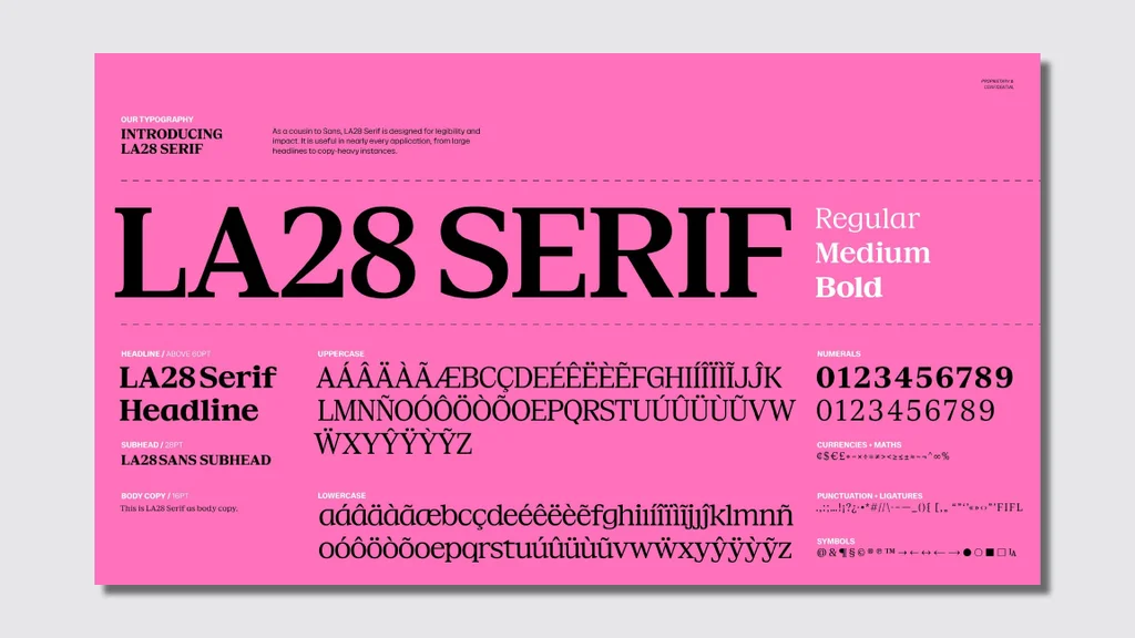 Fonte LA28 Serif desenvolvida para textos longos na identidade visual da LA28.