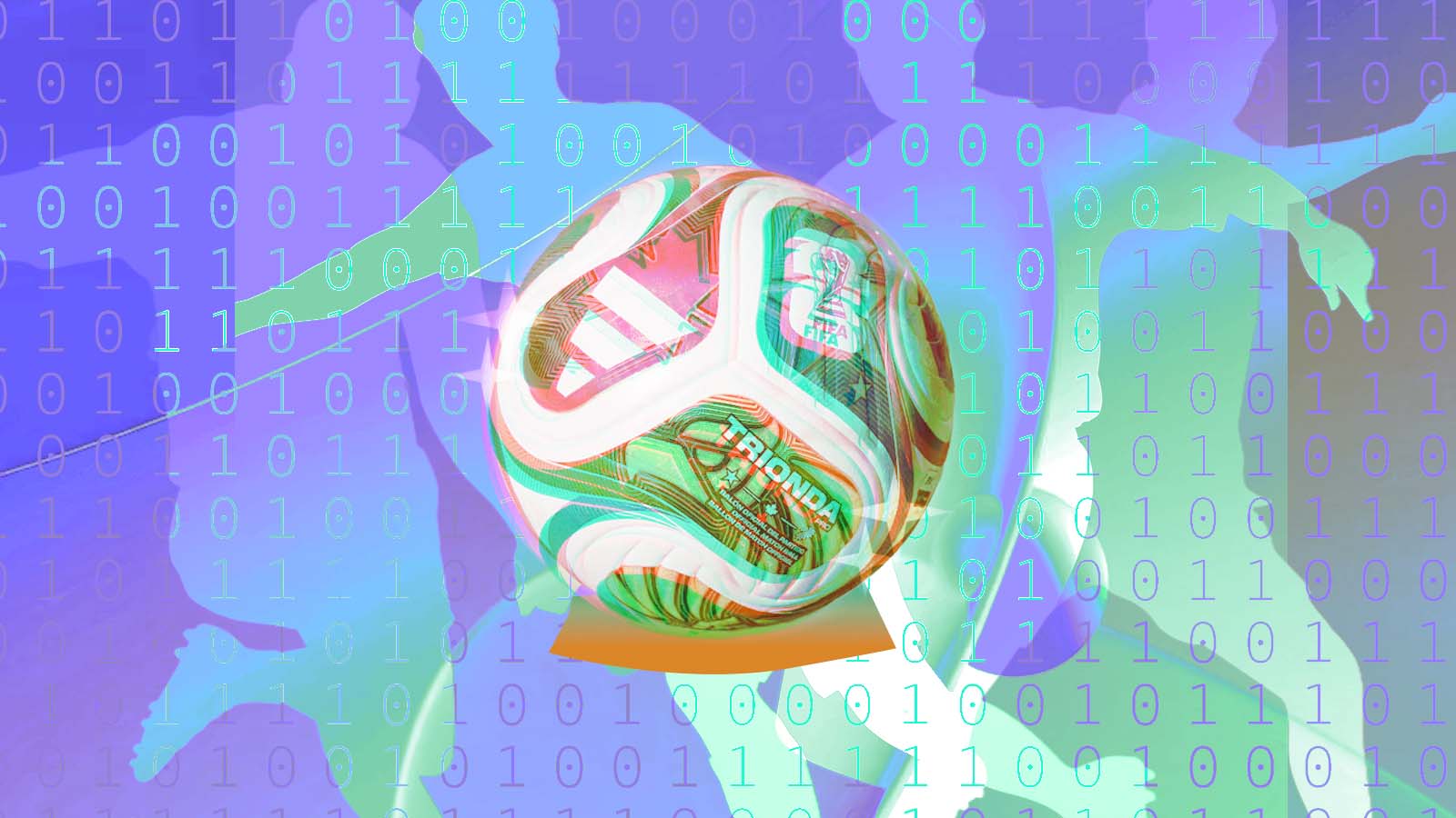Bola de futebol cercada por números binários e silhuetas de jogadores em ilustração sobre inteligência artificial usada para prever resultados da Copa do Mundo de 2026