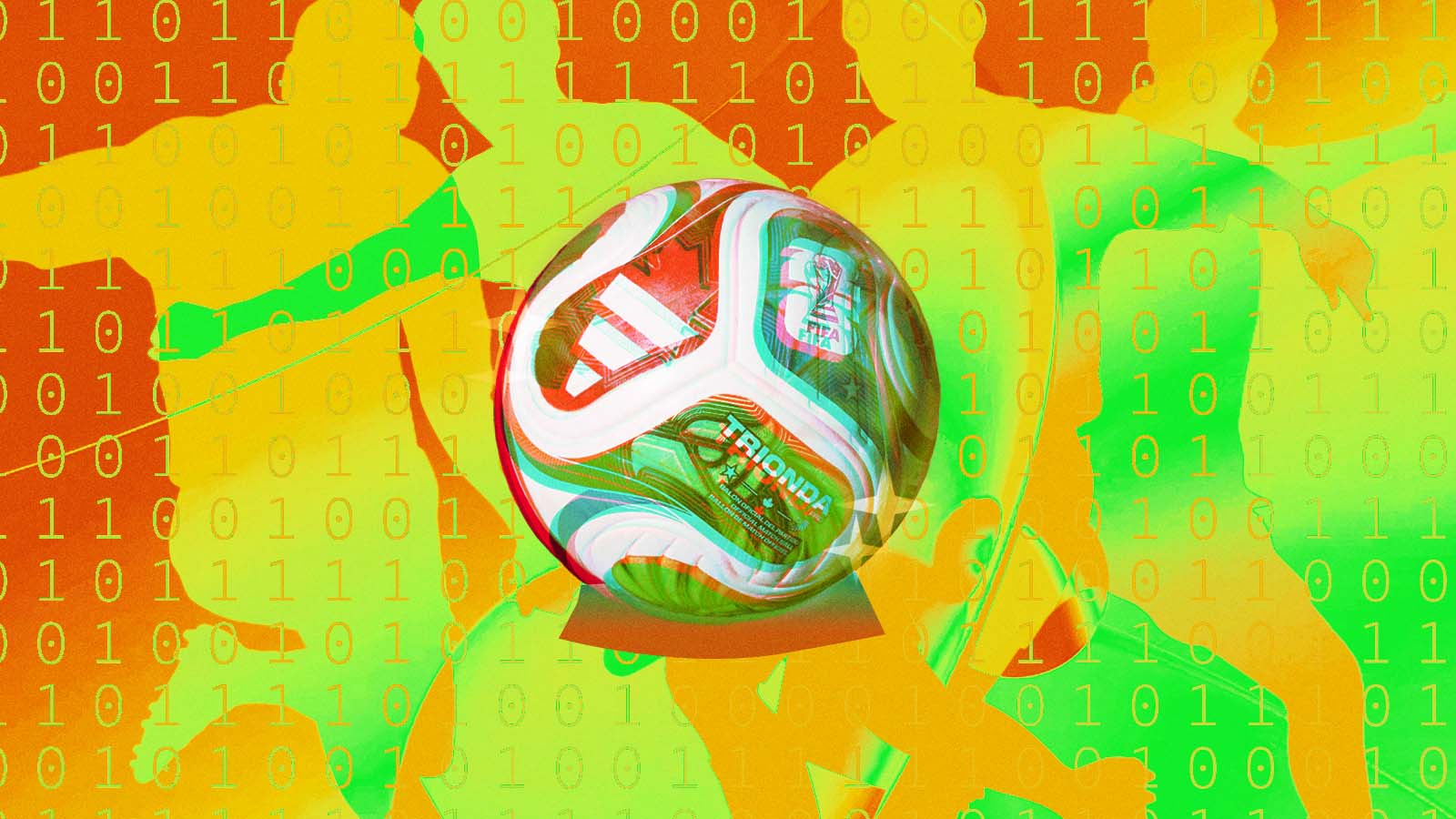 Bola oficial da Copa do Mundo em primeiro plano sobre fundo com jogadores estilizados e códigos binários, representando o uso de inteligência artificial para prever os resultados do torneio.