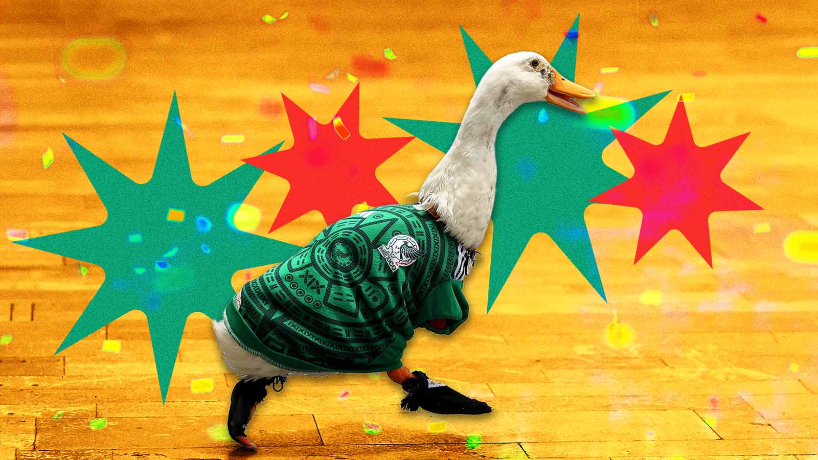 Pato Merlin usando camisa da seleção do México durante a Copa do Mundo de 2026.