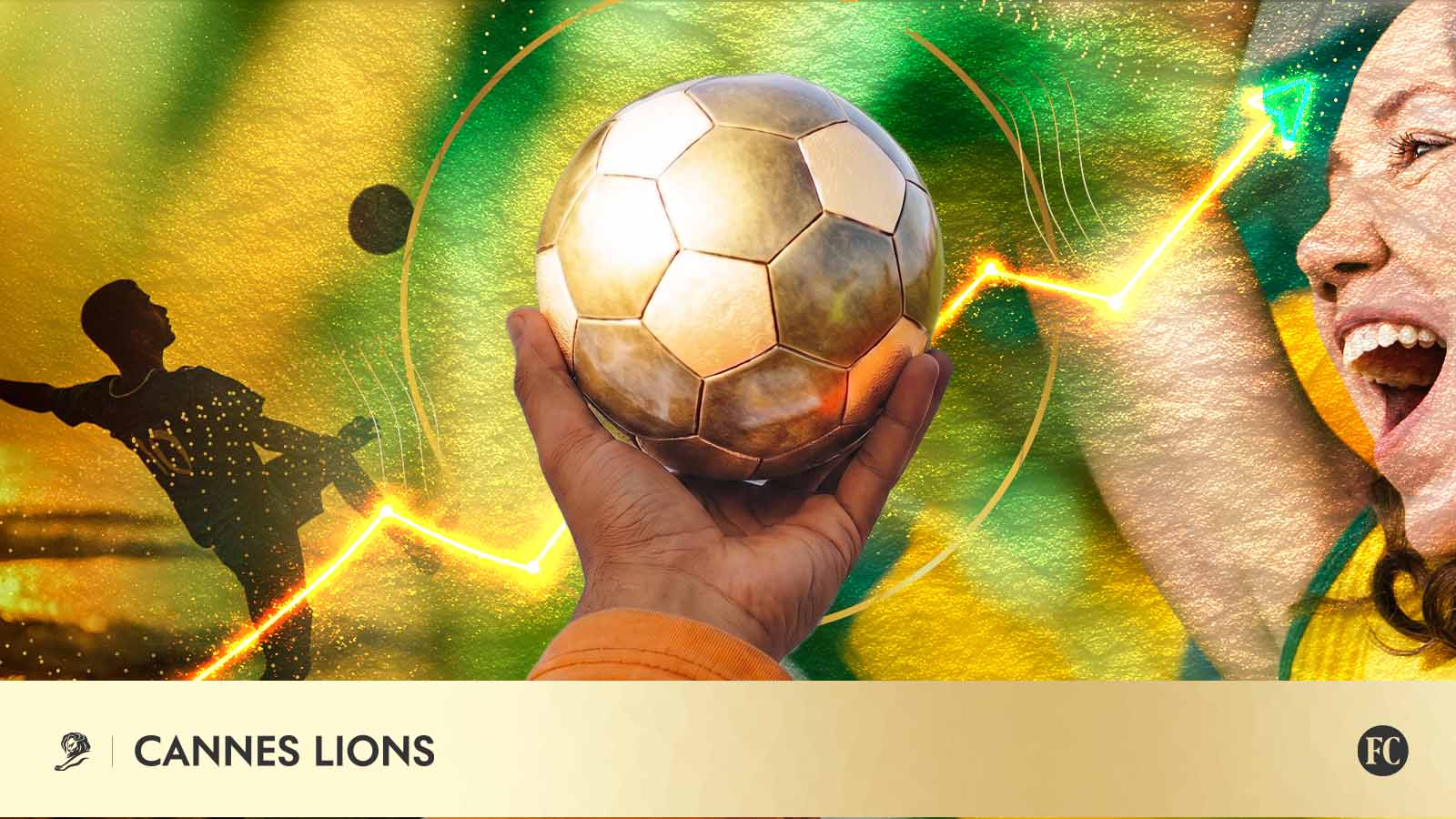 Ilustração sobre o novo ROI dos patrocínios, com bola de futebol, torcedores e gráfico de crescimento, tema discutido no Cannes Lions 2026.