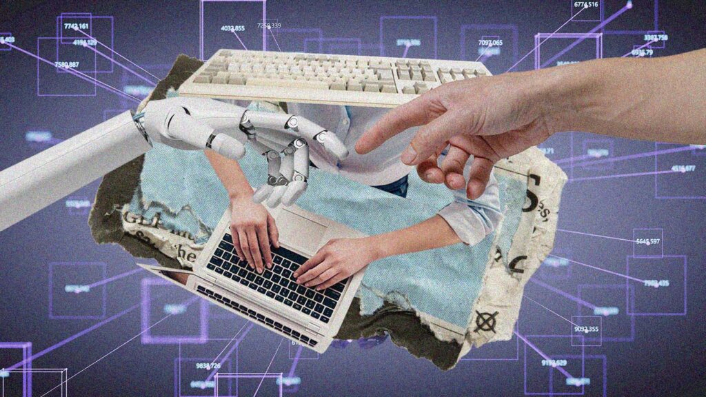 Ilustra&ccedil;&atilde;o mostra uma pessoa e uma m&atilde;o rob&oacute;tica simbolizando o uso da intelig&ecirc;ncia artificial no trabalho e na rotina.