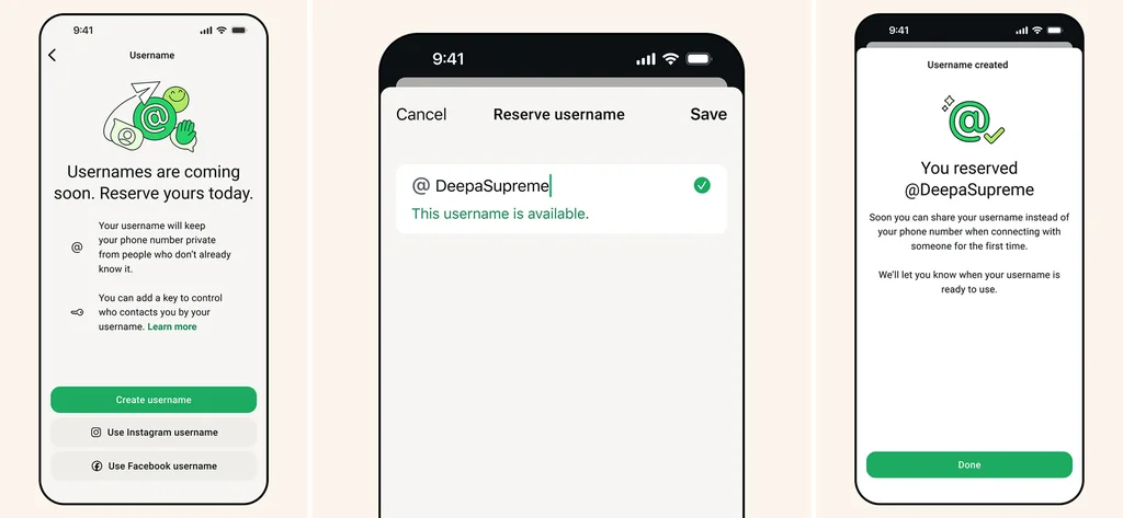 Telas do WhatsApp mostram o processo para reservar um nome de usuário, criar um identificador exclusivo e confirmar o registro no aplicativo.