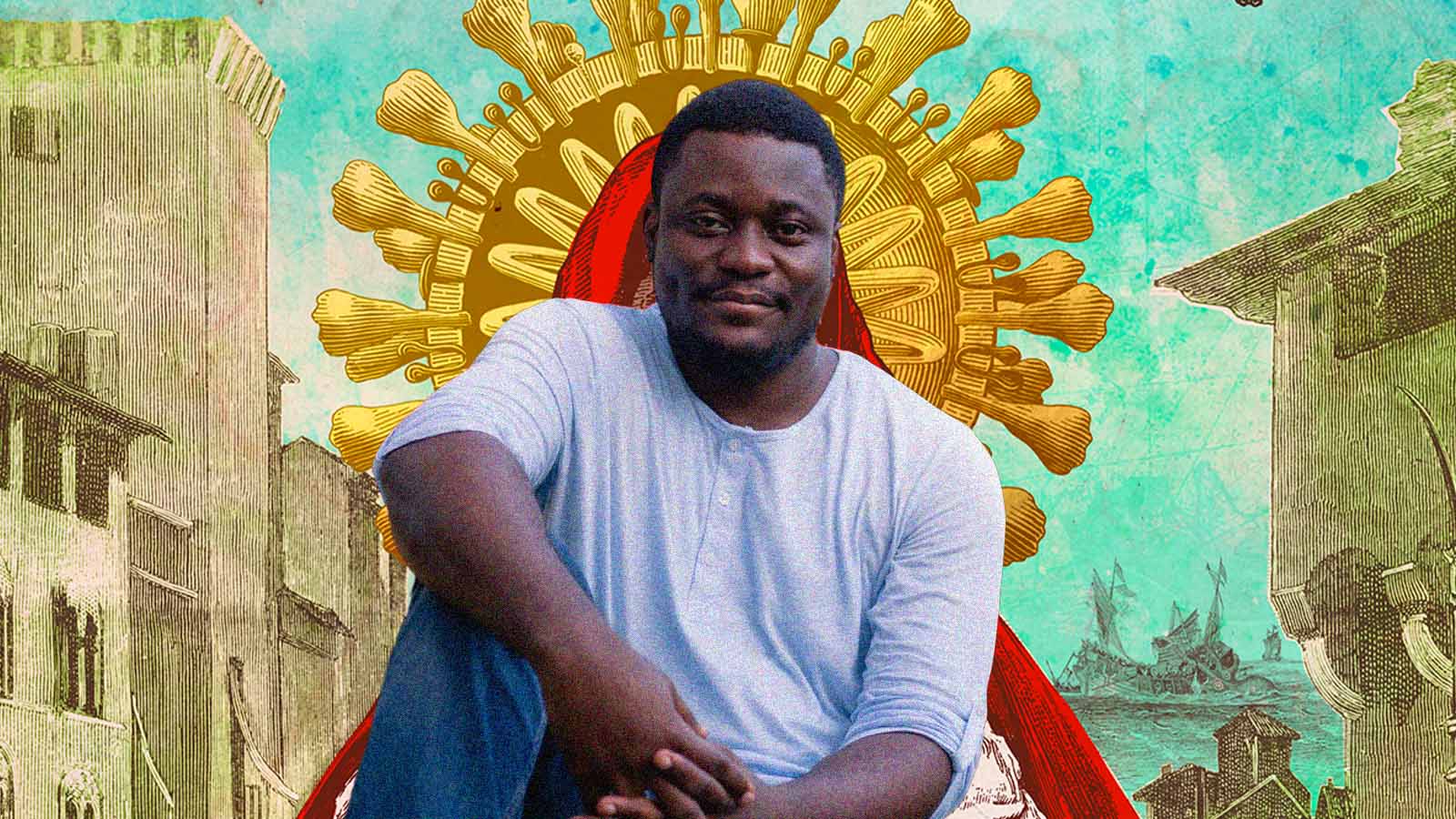 Báyò Akómoláfé em colagem com referências afro-brasileiras, embarcações e arquitetura histórica ao fundo.