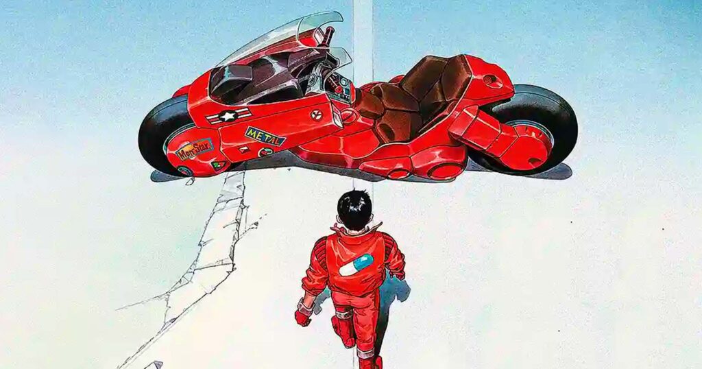 Kaneda observa sua motocicleta vermelha em uma ilustra&ccedil;&atilde;o promocional do filme Akira.