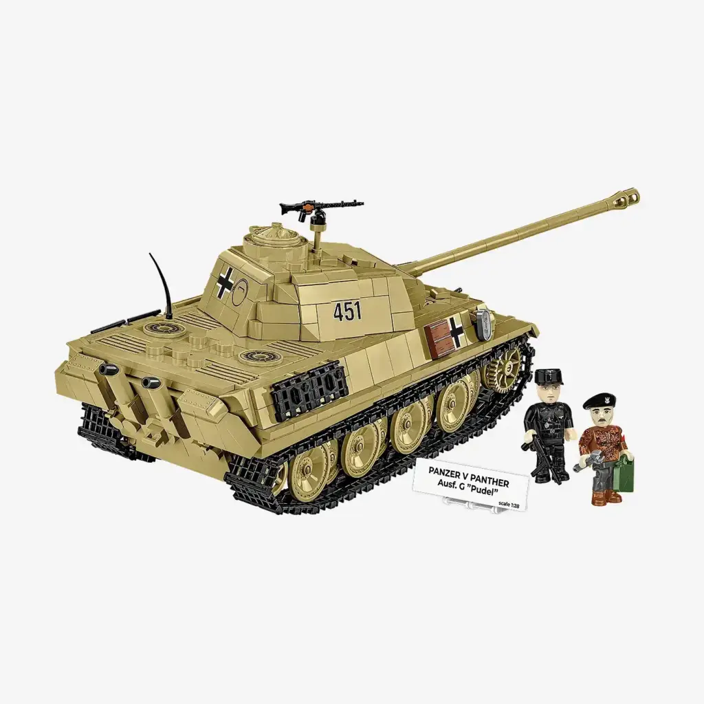R&eacute;plica de um tanque Panzer V Panther feita com blocos compat&iacute;veis, acompanhada por duas minifiguras.