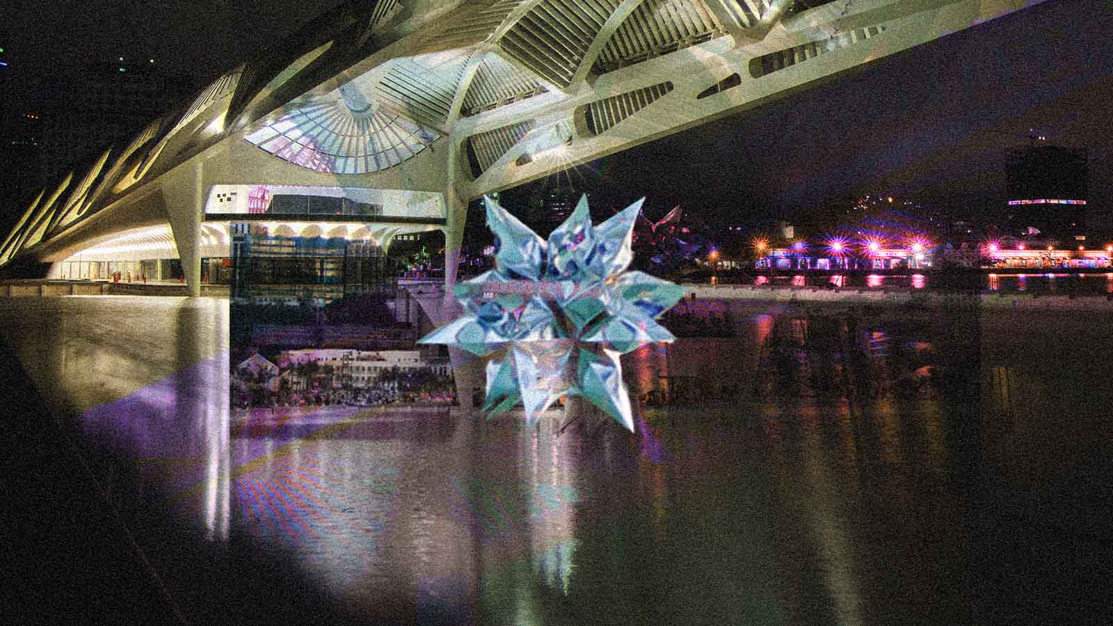 Museu do Amanhã iluminado à noite, no Rio de Janeiro, sede do Brasil Futures Forum.