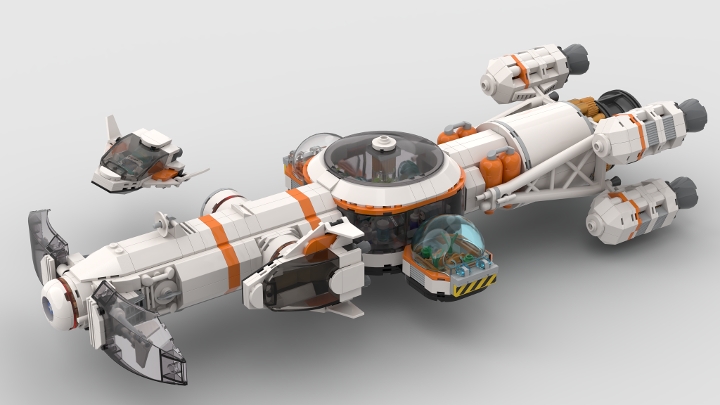 Nave espacial branca e laranja criada com blocos por um designer independente.