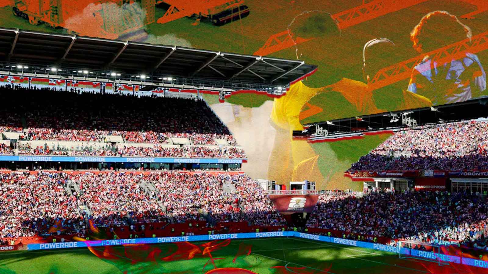 Montagem mostra um estádio da Copa do Mundo sob calor extremo, destacando os desafios climáticos enfrentados por jogadores e torcedores.