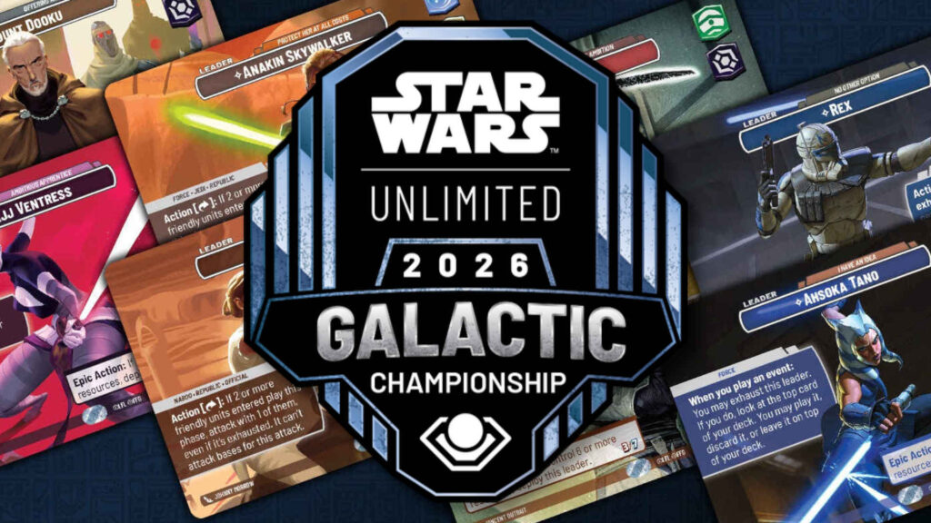 Cartas de Star Wars Unlimited ao redor do s&iacute;mbolo do Galactic Championship 2026