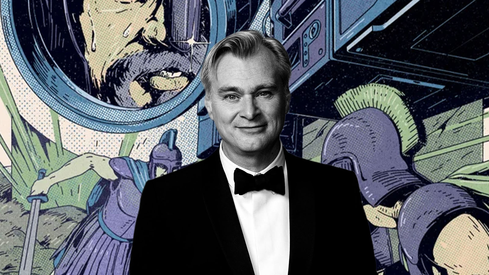 Christopher Nolan diante de uma ilustração de "A Odisseia", filme que estreia como o primeiro longa totalmente filmado com câmeras IMAX.