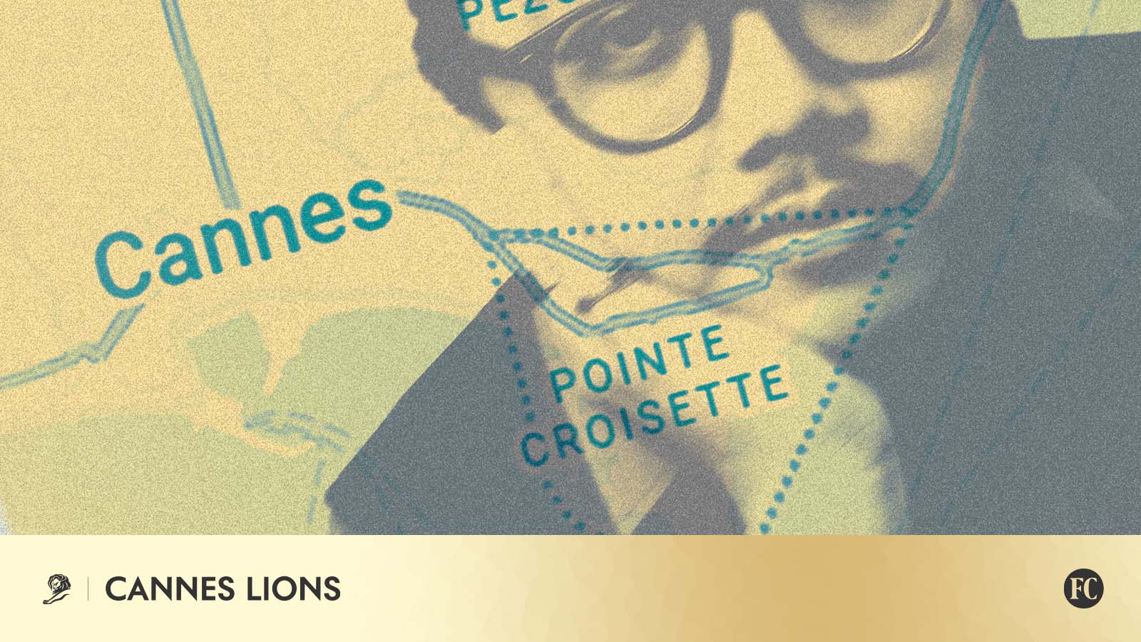 Ilustração mostra o copywriter Rafter Manguiat sobre um mapa de Cannes, em referência à campanha em que criou um perfil no Google Maps para divulgar seu portfólio durante o Cannes Lions.