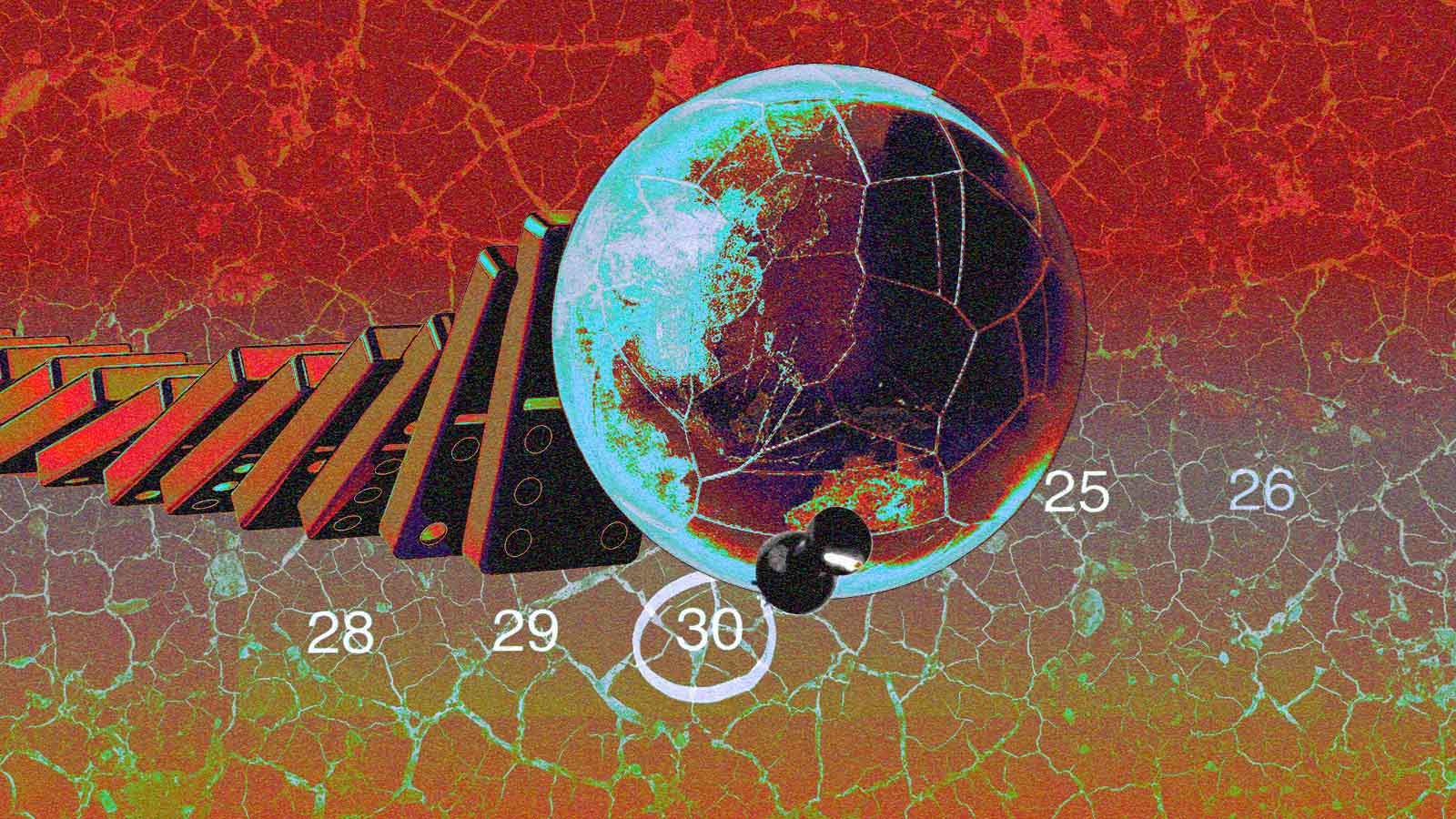 Ilustração mostra planeta rachado sobre calendário marcado no dia 30, com gráfico crescente ao fundo.