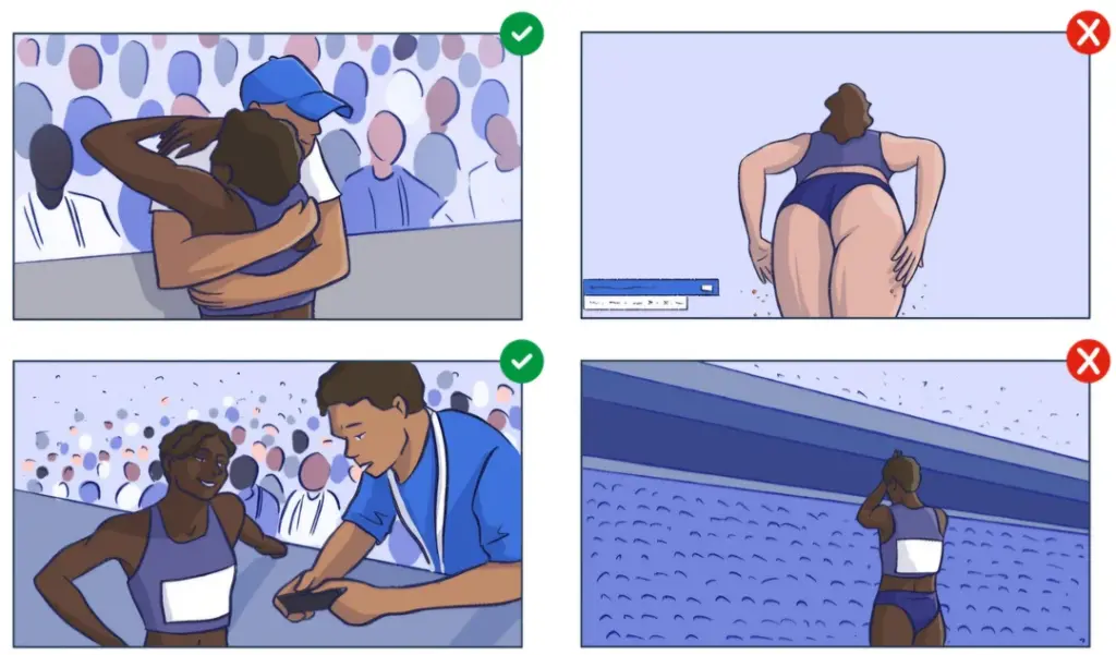 Ilustrações comparam enquadramentos respeitosos e sexualizados de uma atleta após a competição