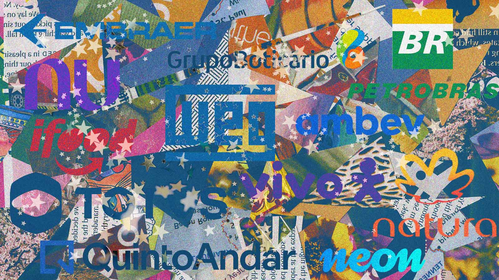Logotipos de empresas brasileiras sobre colagem colorida, em imagem sobre ranking de inovação segundo o ChatGPT