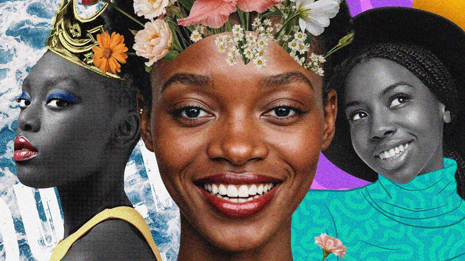 Colagem com retratos de três mulheres negras entre flores e elementos gráficos coloridos.