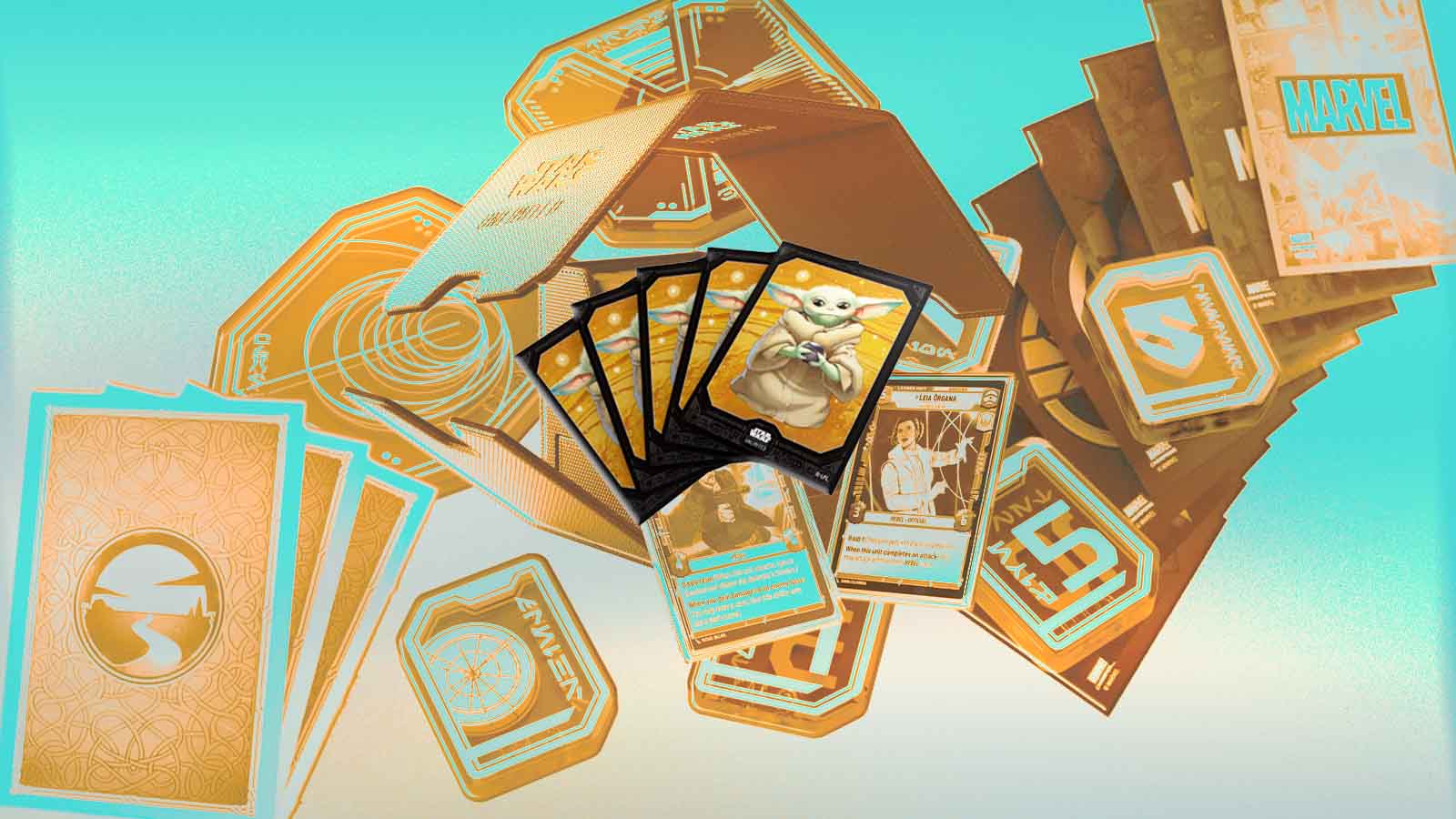 Acessórios da Gamegenic para jogos de cartas, com sleeves de Grogu, cartas e tokens de Star Wars: Unlimited.
