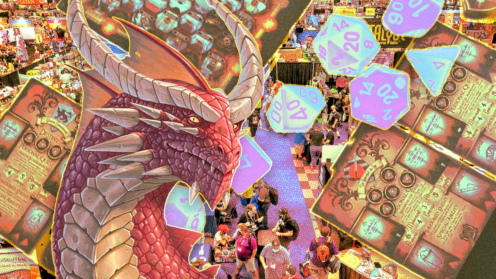 Colagem reúne salão lotado da Gen Con, dragão de RPG, dados de diferentes formatos e cartas de jogos de mesa.