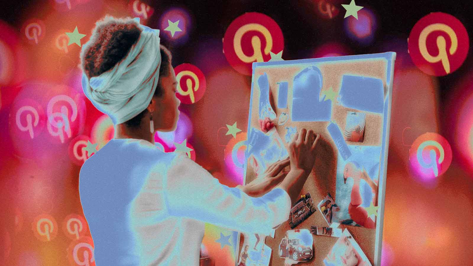 Jovem monta painel de referências visuais cercada por símbolos do Pinterest
