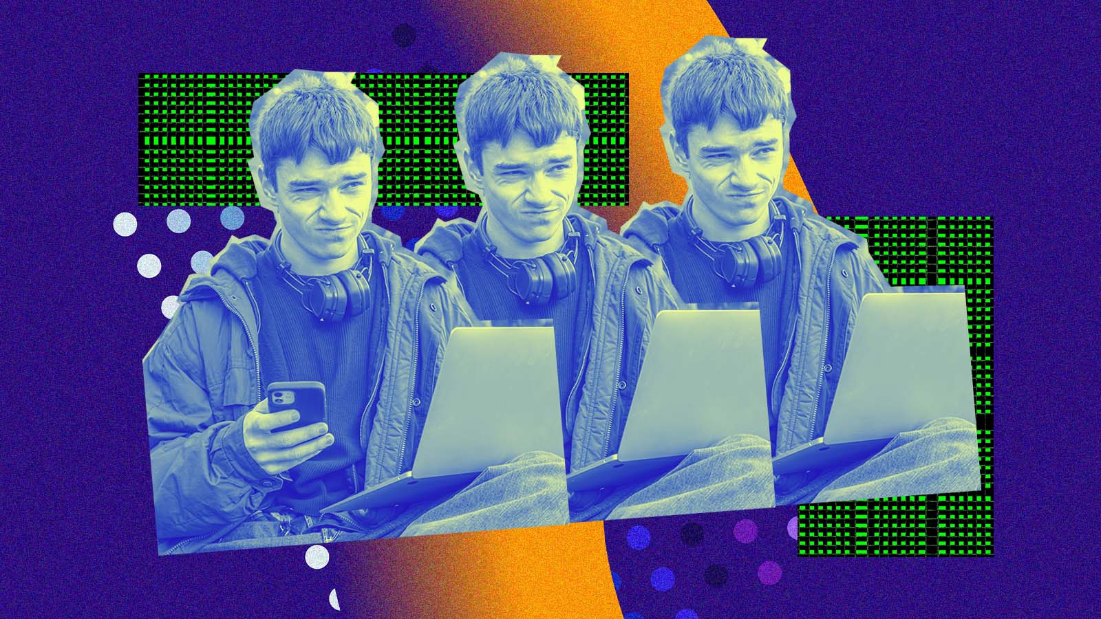 Colagem mostra jovem usando notebooks e celular diante de padrões digitais.