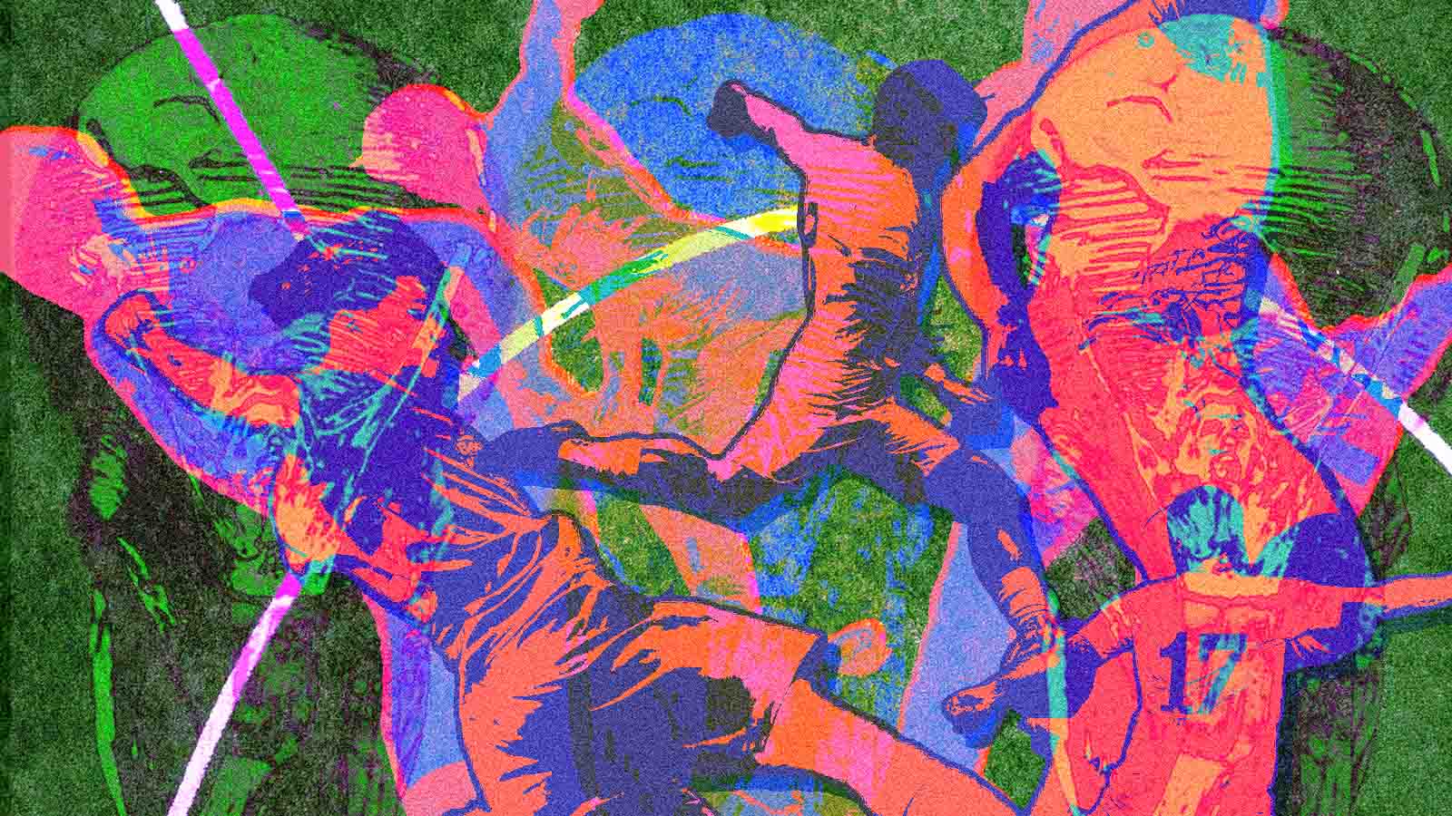 Ilustração com jogadores de futebol sobrepostos em cores vibrantes representa o uso de inteligência artificial para prever a final da Copa do Mundo de 2026 entre Espanha e Argentina.