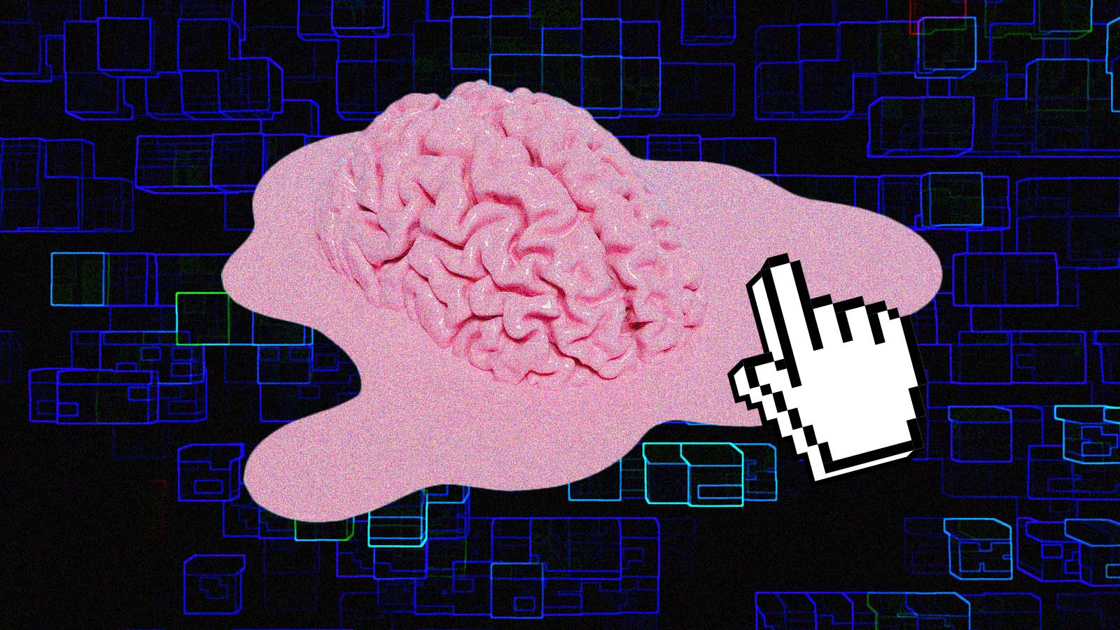 Ilustração de cérebro com cursor representando o impacto da inteligência artificial no pensamento crítico