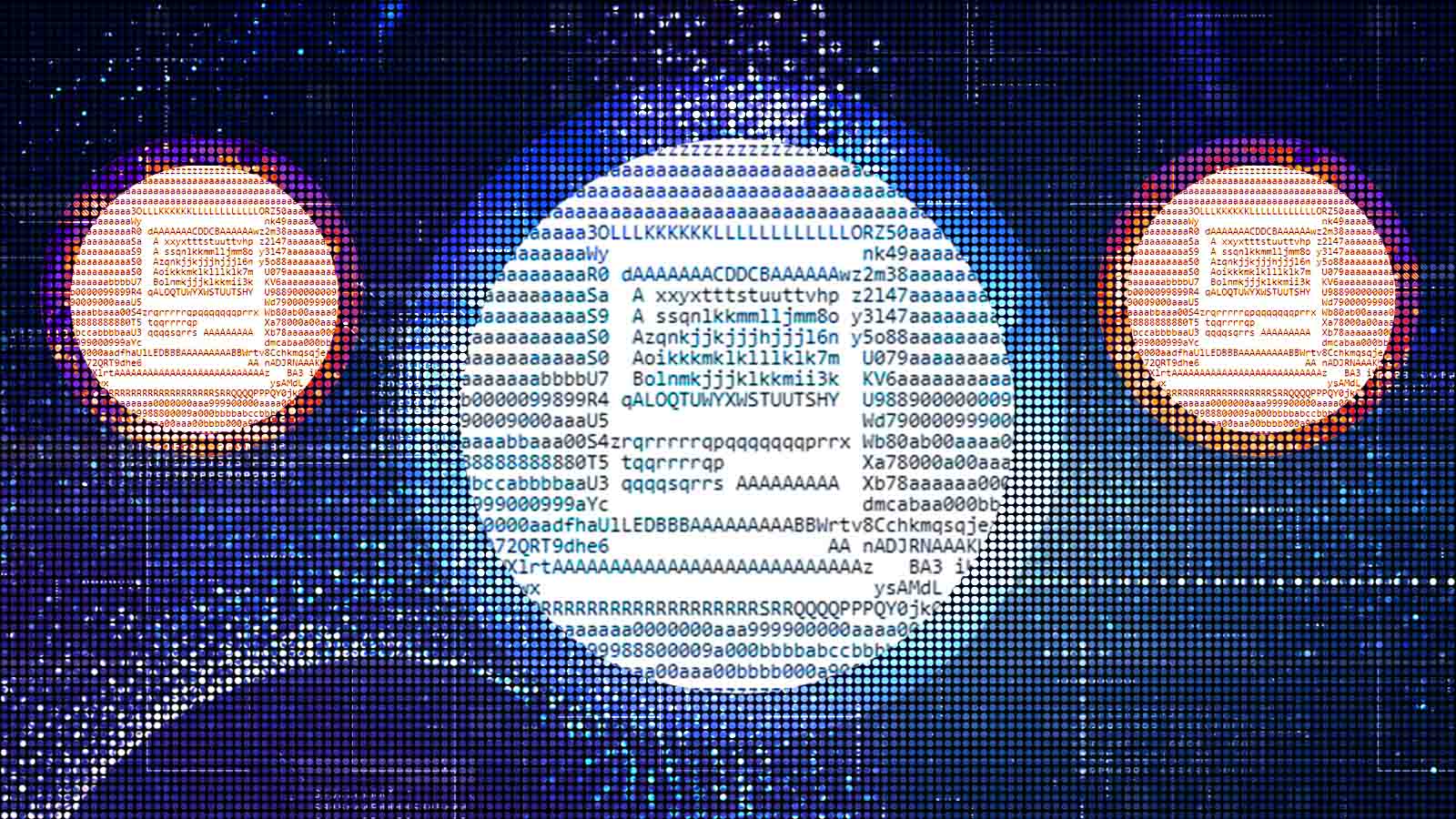Ilustração representa processamento computacional com círculos formados por letras, números e códigos.