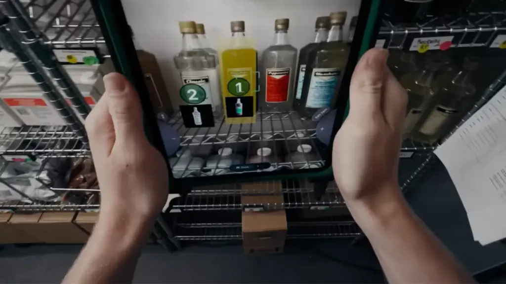 Montagem re&uacute;ne um iPad, produtos armazenados em prateleiras e elementos visuais relacionados ao controle automatizado de estoque.