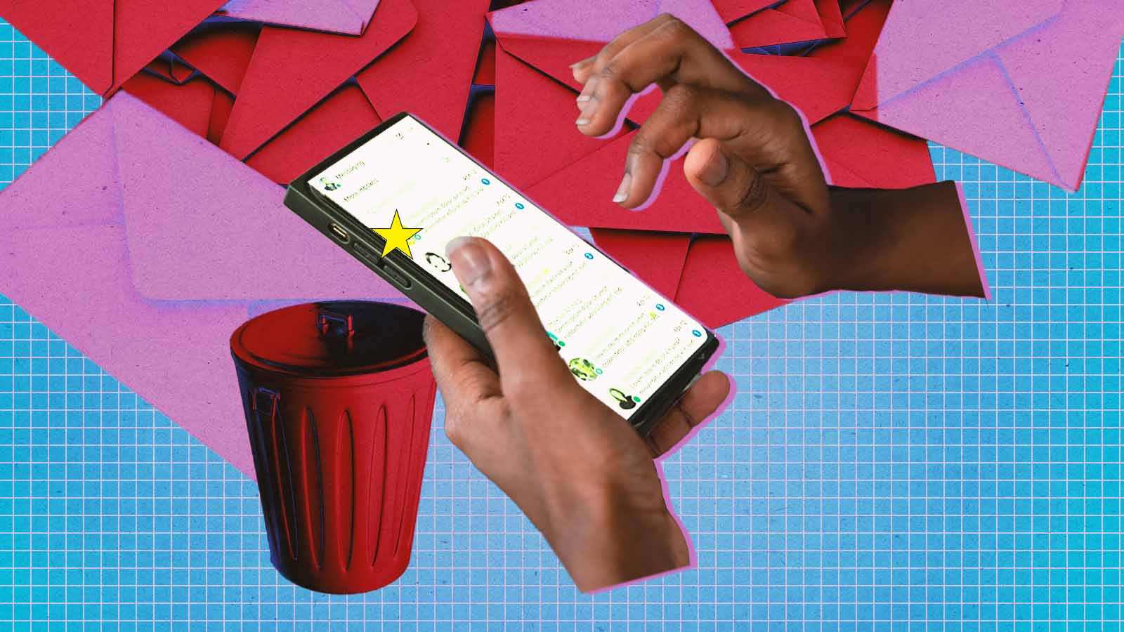 Ilustração mostra um celular com mensagens do LinkedIn, representando oportunidades de trabalho e os cuidados para identificar recrutadores legítimos e evitar golpes.