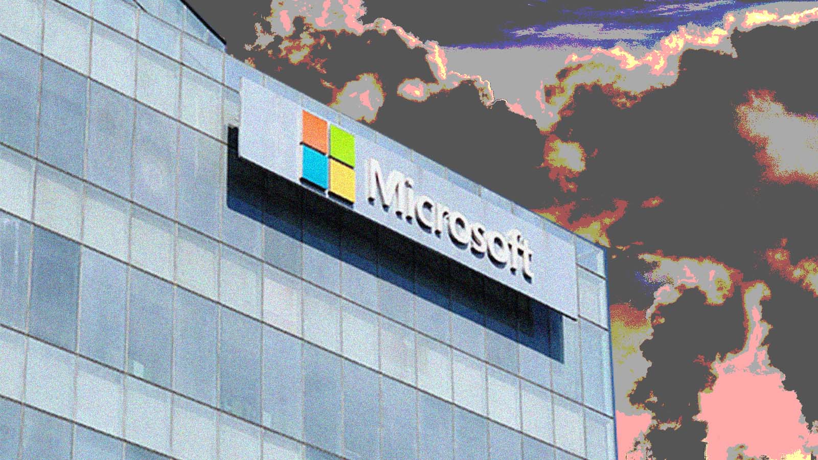Prédio da Microsoft diante de um céu com aparência de calor intenso e poluição