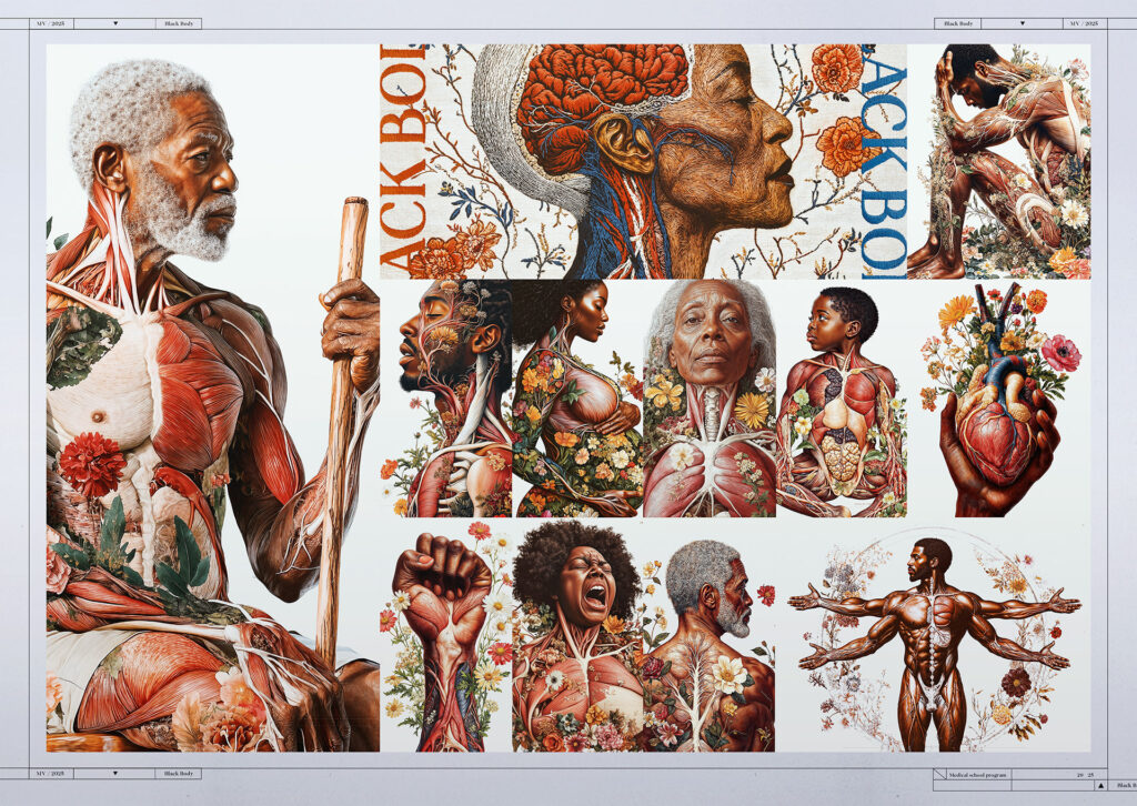 Imagens do projeto Nigrum Corpus, manual de anatomia baseado em corpos negros