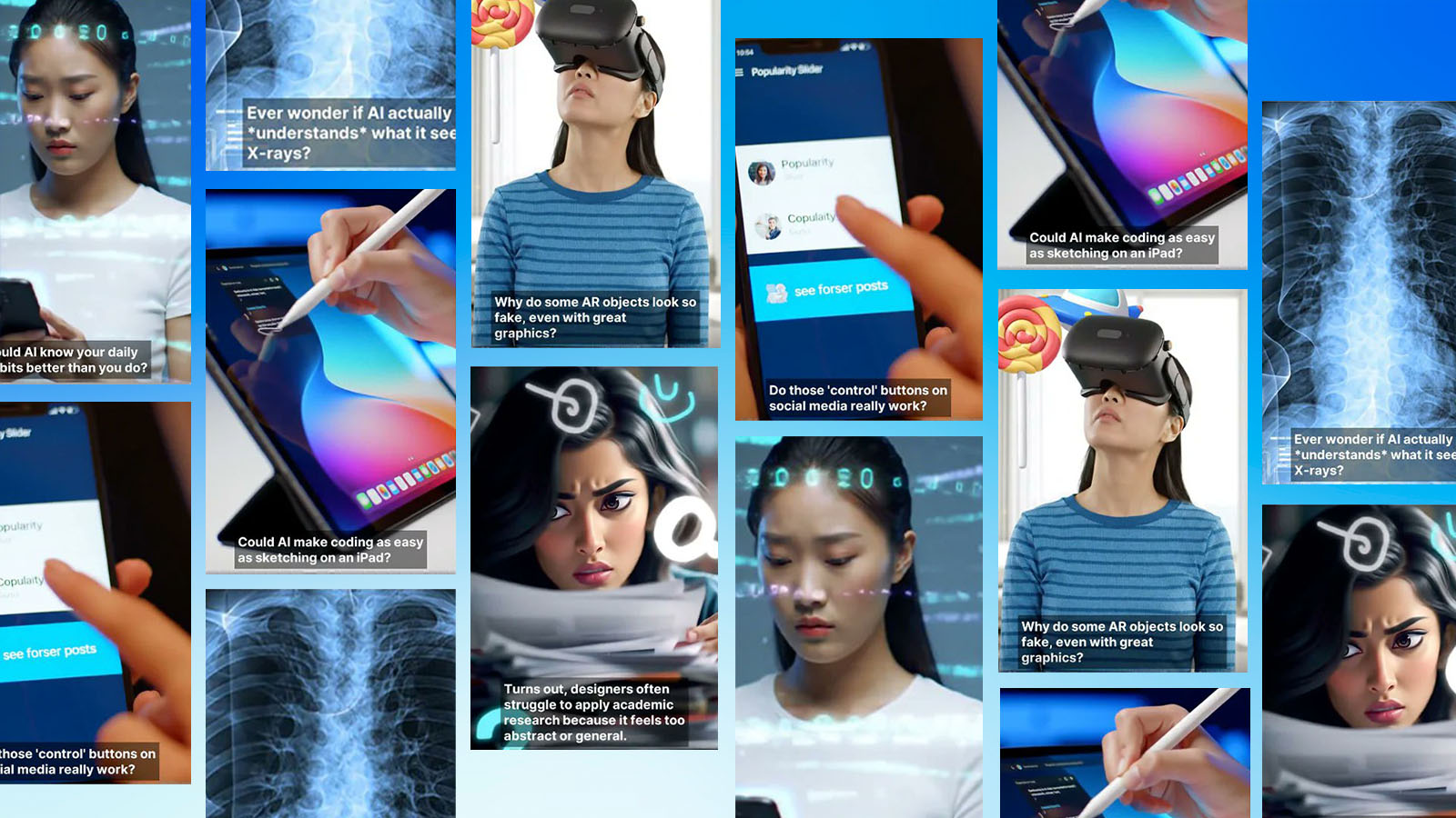 Mosaico com exemplos de vídeos criados pelo PaperTok, ferramenta de IA que transforma artigos científicos em conteúdo para TikTok.