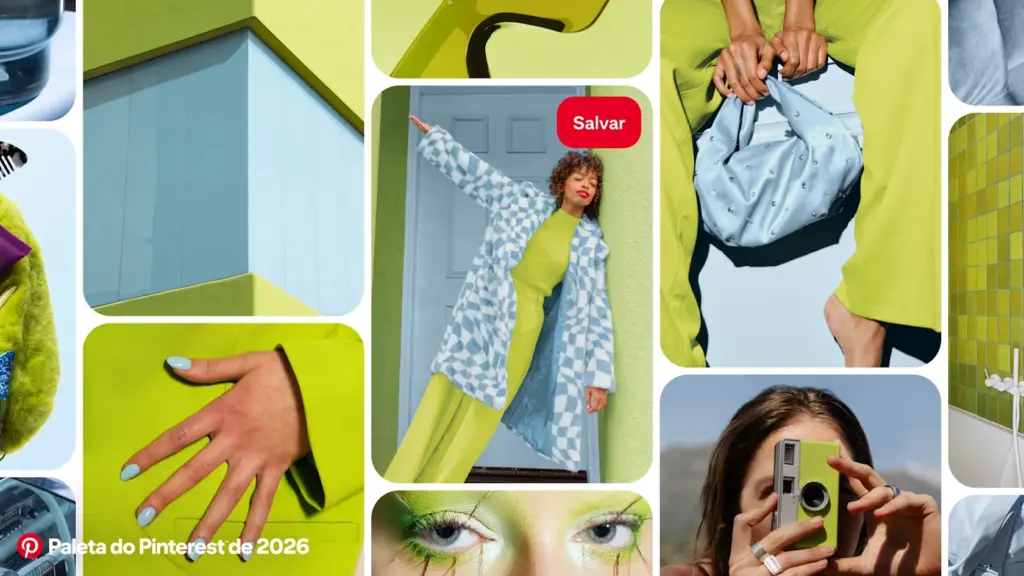 Moodboard do Pinterest em verde-lim&atilde;o e azul representa a busca visual da Gera&ccedil;&atilde;o Z