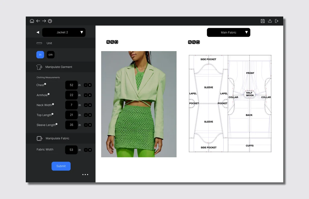 Interface da plataforma da SXD mostra uma roupa verde ao lado das partes de seu molde reorganizadas para aproveitar melhor o tecido.