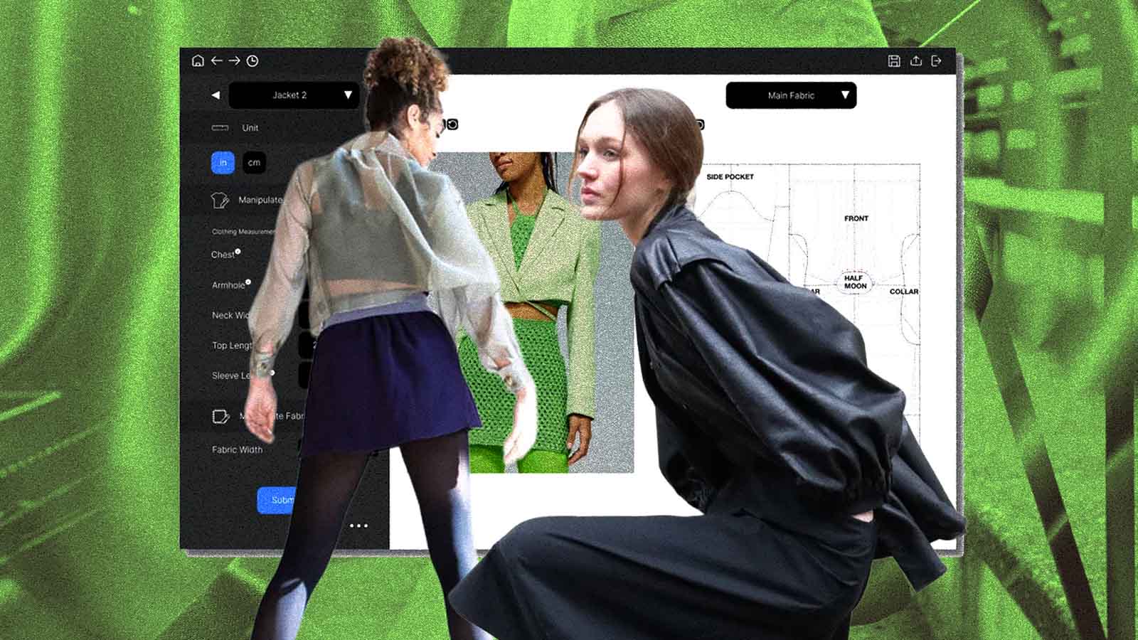 Modelos usando roupas criadas pela SXD aparecem diante da plataforma de inteligência artificial que redesenha moldes para reduzir o desperdício de tecido.