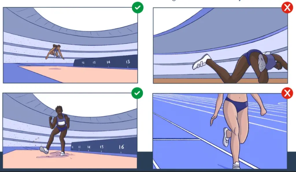 Ilustrações comparam enquadramentos adequados e inadequados de uma atleta no salto em distância
