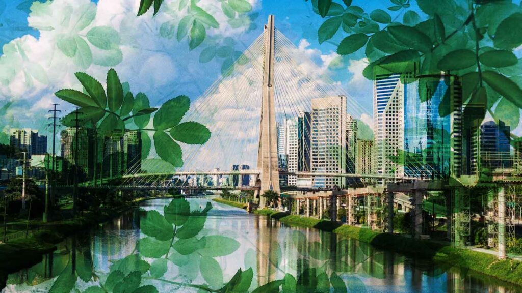 Montagem mostra a Ponte Estaiada e pr&eacute;dios de S&atilde;o Paulo cobertos por folhas, em refer&ecirc;ncia &agrave; agenda clim&aacute;tica da cidade.