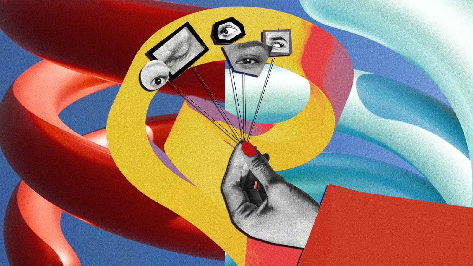 Colagem colorida com formas abstratas, olhos e uma mão segurando pequenos recortes visuais
