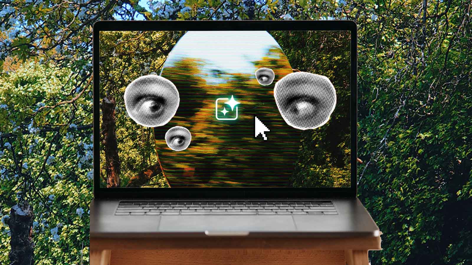 Ilustração de um computador com olhos e cursor representando o viés da inteligência artificial na edição de textos