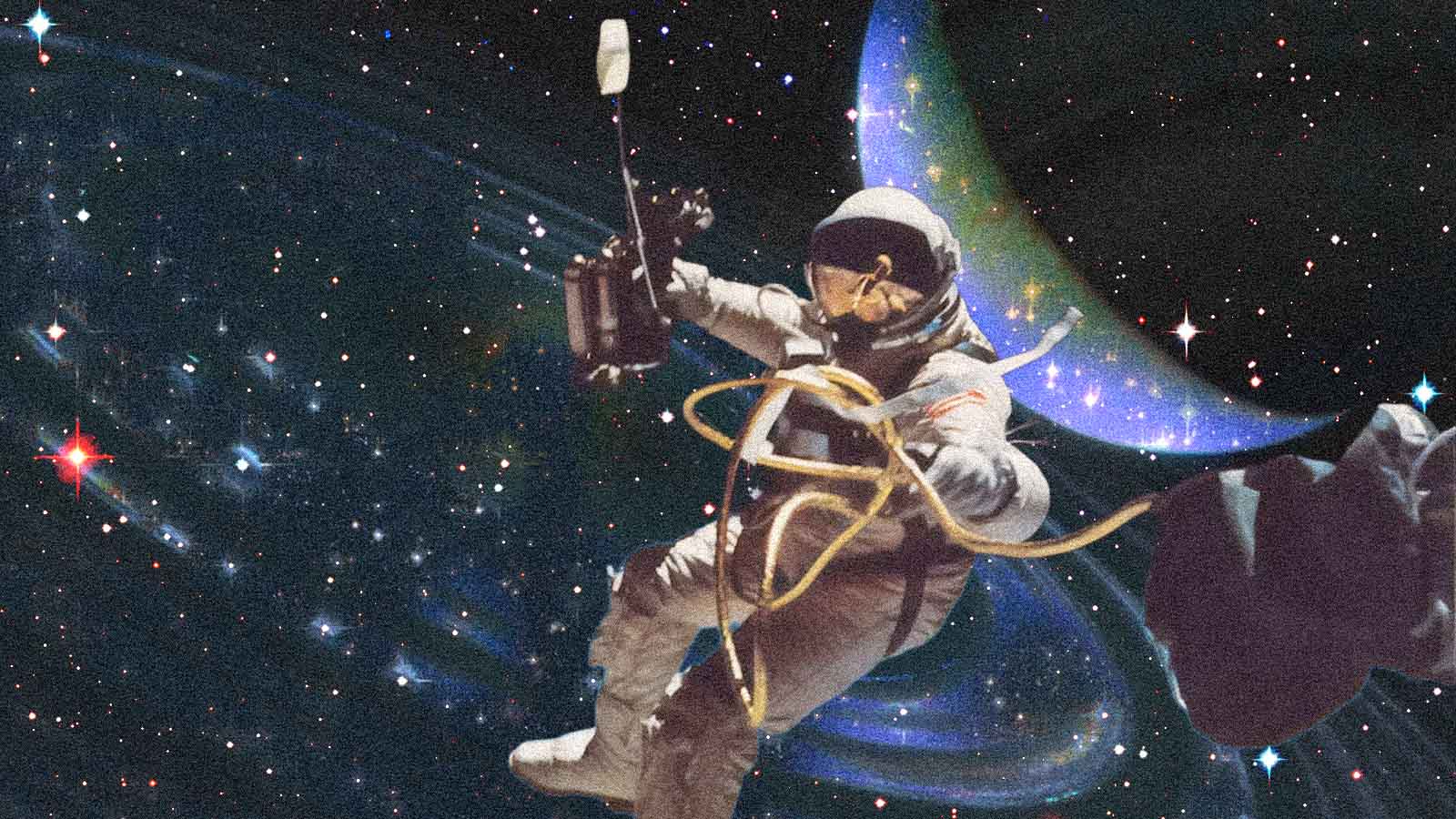 Astronauta no espaço em ilustração sobre viagens interestelares