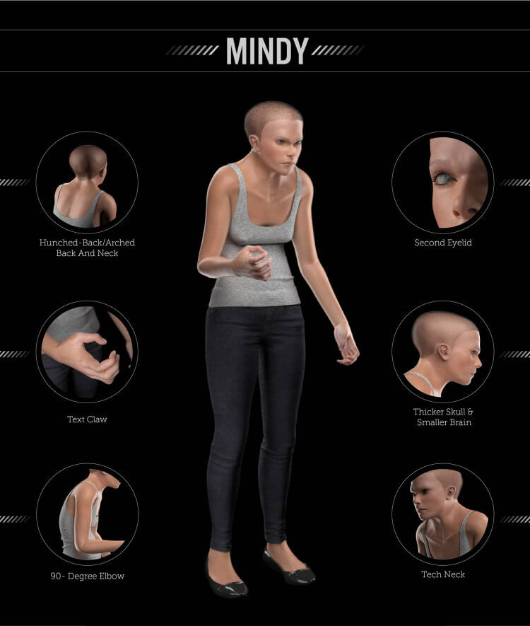 Modelo 3D Mindy mostra figura humana encurvada, com pesco&ccedil;o arqueado, m&atilde;o em forma de garra e cotovelo dobrado.