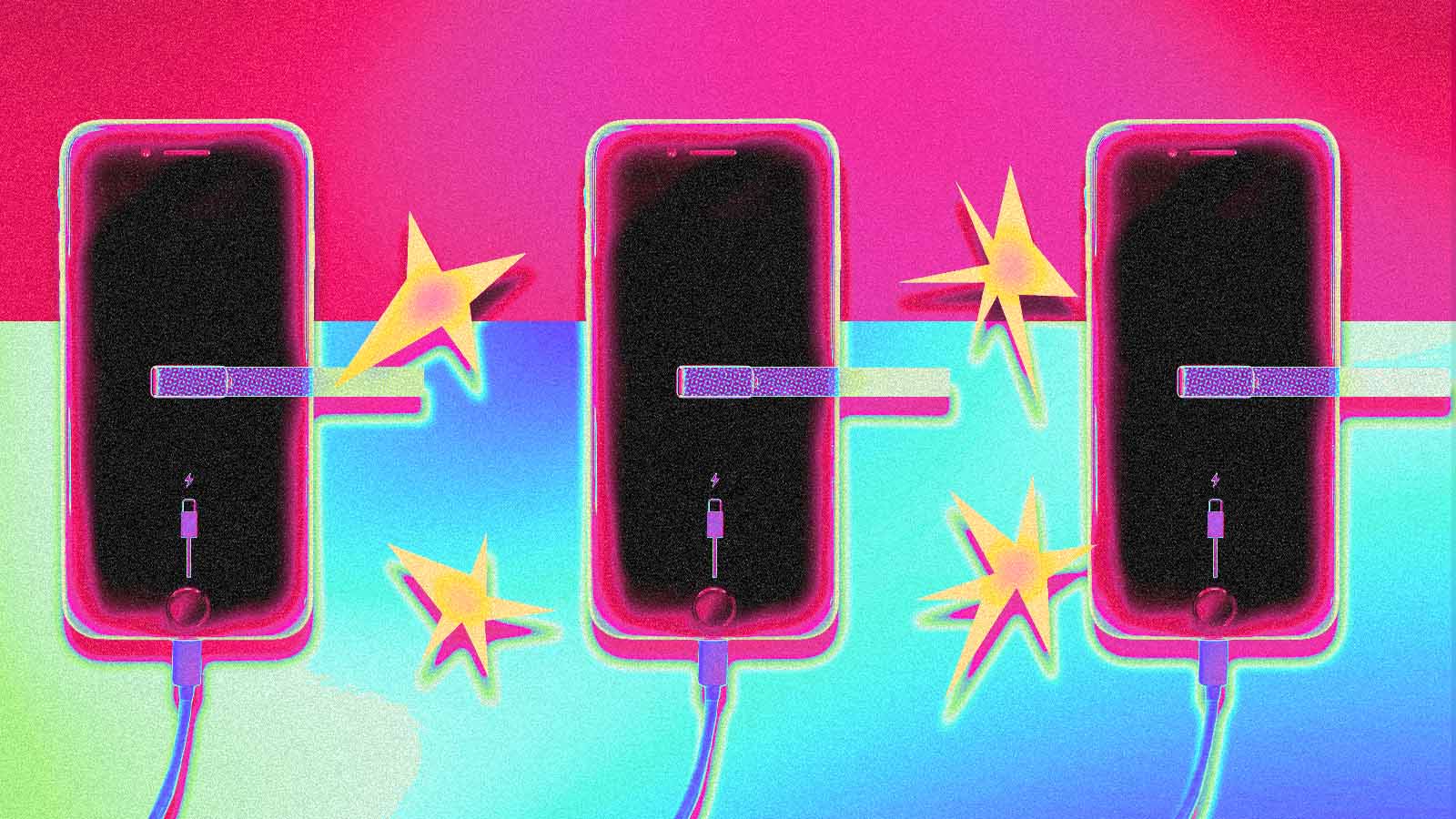 Ilustração mostra três celulares conectados ao carregador, com diferentes níveis de bateria.