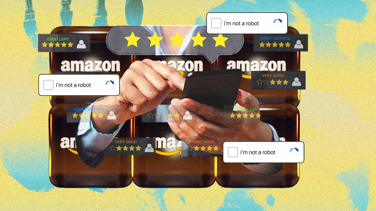 Colagem mostra pessoa com cartão diante da marca Amazon, avaliações por estrelas e caixas “I’m not a robot”.Imagem de abertura da reportagem sobre clientes da Amazon classificados por engano como bots. A colagem combina a marca da empresa, avaliações por estrelas, uma pessoa segurando um cartão e caixas de verificação com a mensagem “I’m not a robot”.