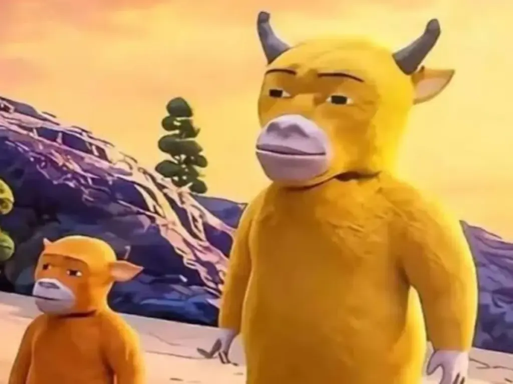 Personagens do filme chinês Niu Lai em cenário de animação 3D