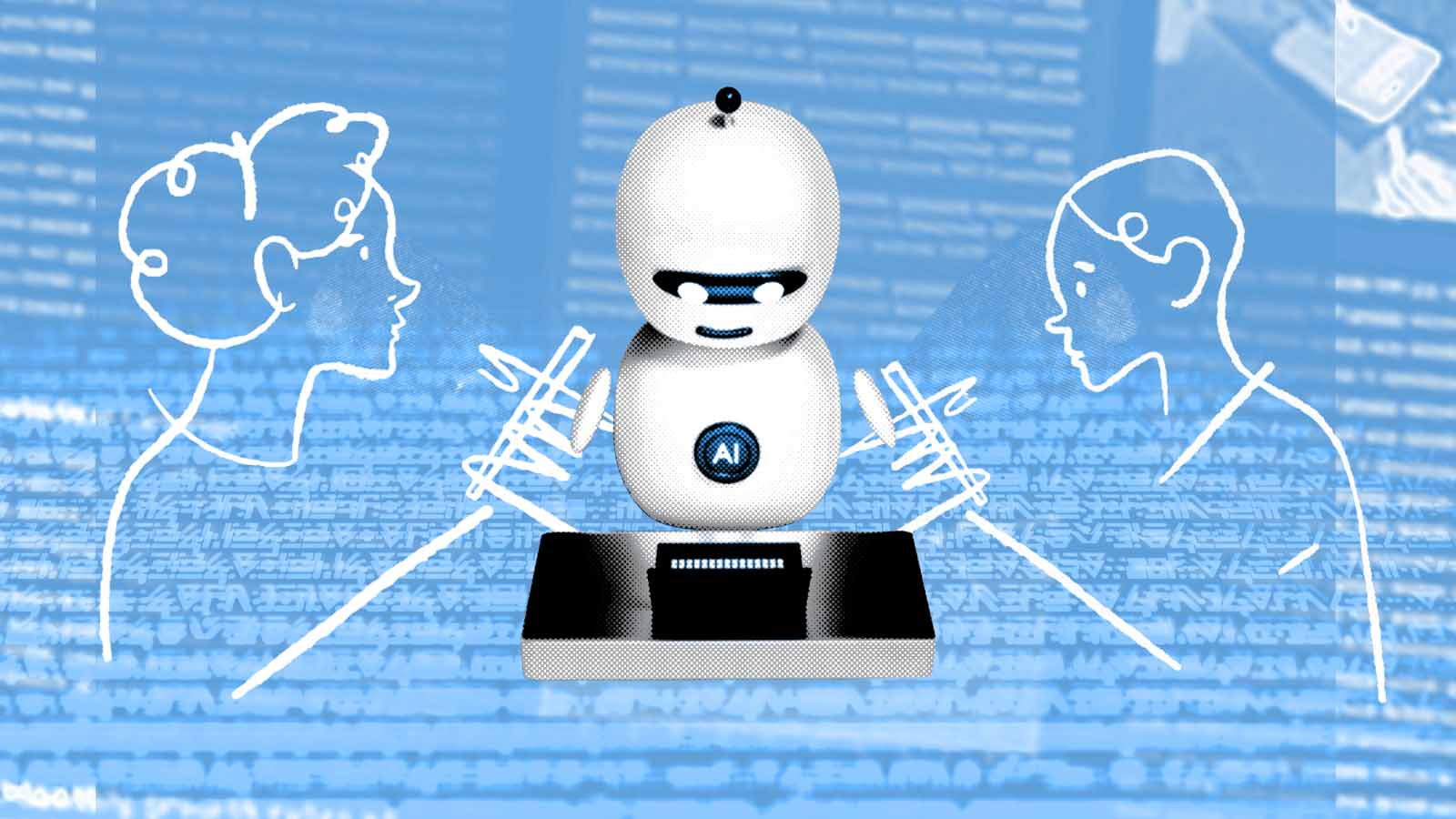 Ilustração mostra um robô de inteligência artificial entre dois consumidores com carrinhos de compras.